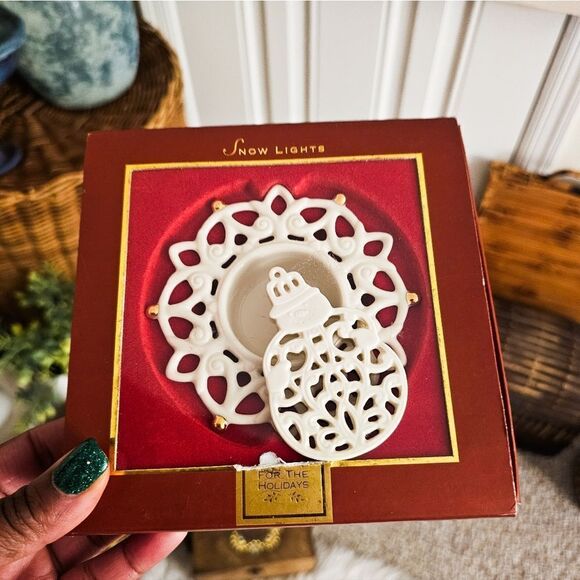 New VTG Set Of 2 Lenox Tealight Candle Holder & A Pierced Snowman Charm Decor. - Picture 1 of 9